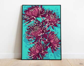 Impresión de crisantemo rosa / Ilustración floral / Ilustración botánica / Decoración de pared de flores / Pared de galería / A4 y A3 enmarcado o sin marco