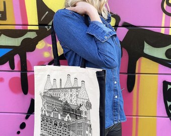 Stoke on Trent Tote Bag | Stoke City Illustration | 100% Natural Cotton | Stoke Landmarks | Black Straps Black Side Panels | Shopper Bag