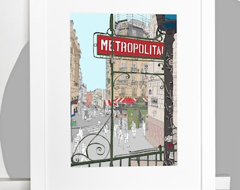 Impresión de Montmartre de París / Metropolitano de París / Ilustración de la calle Lamarck-Caulaincourt