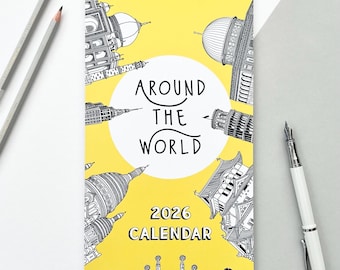 Calendario de viajes 2026 / Calendario mundial / Calendario de pared ilustrado / Calendario de ciudades / Lugares famosos / Planificador mensual