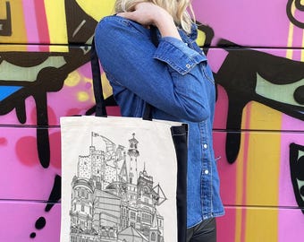 Bolso de mano Cardiff / Ilustración de Cardiff / 100 % algodón natural / Monumentos de Cardiff / Correas negras y paneles laterales negros / Bolso de lona