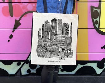 Manchester Tote Bag | Manchester Illustration | 100% Natural Cotton | Manchester Landmarks | Black Straps Black Side Panels | Canvas Shopper
