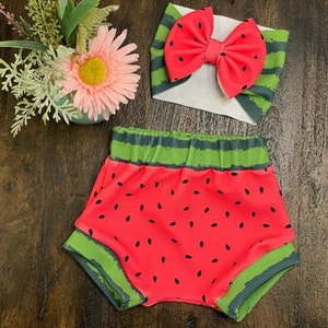 Watermelon Baby Bummies & Bow Set: High Waist Bloomers