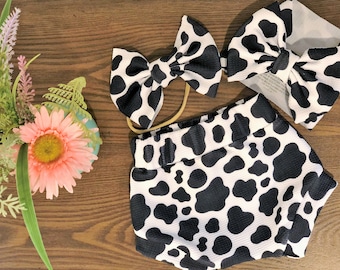 Cow Print Baby Outfit: Bummies, Bow & Headband Set