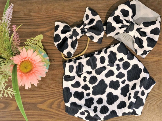 Cow Print Baby Outfit: Bummies, Bow & Headband Set