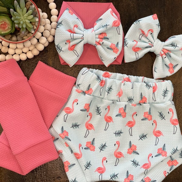 Flamingo Print Baby Outfit: Bummies, Headwrap, Bloomers, Legwarmers, High Waisted Shorts