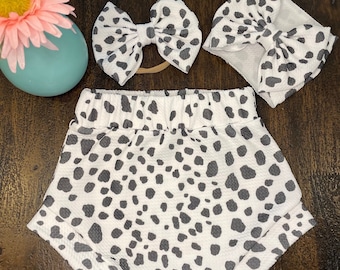 Dalmatian Print Baby Bummies Set: High Waist Shorts & Bow