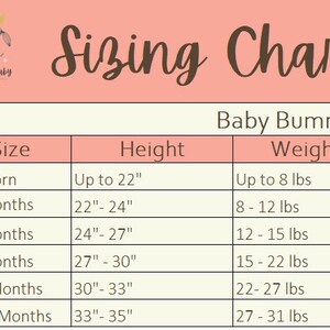 May include: A sizing chart for baby clothes, showing the size, height, and weight ranges for newborns to 18 months. The chart is labeled "Baby Bummies" and includes measurements in inches and pounds.