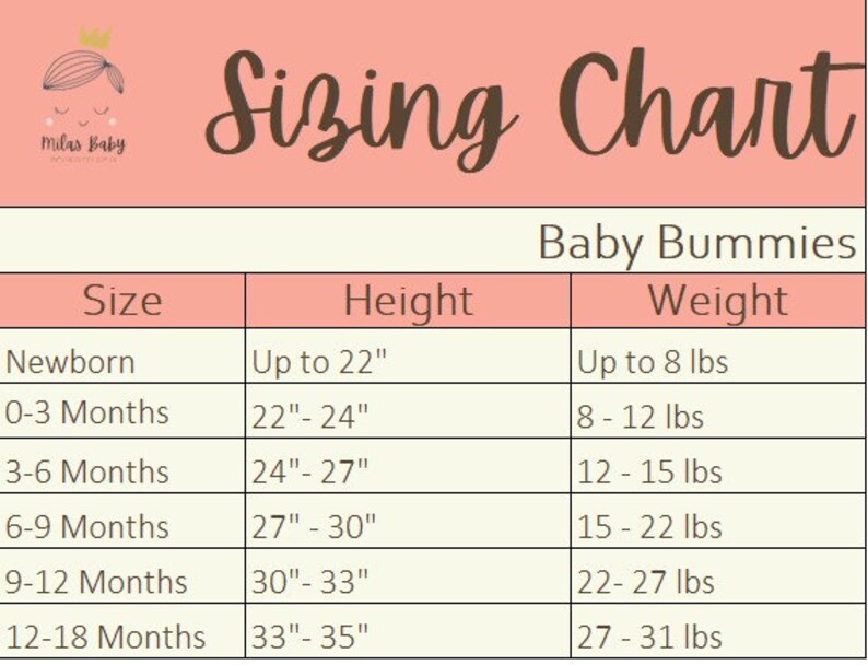 May include: A sizing chart for baby clothes, showing the size, height, and weight ranges for newborns to 18 months. The chart is labeled "Baby Bummies" and includes measurements in inches and pounds.