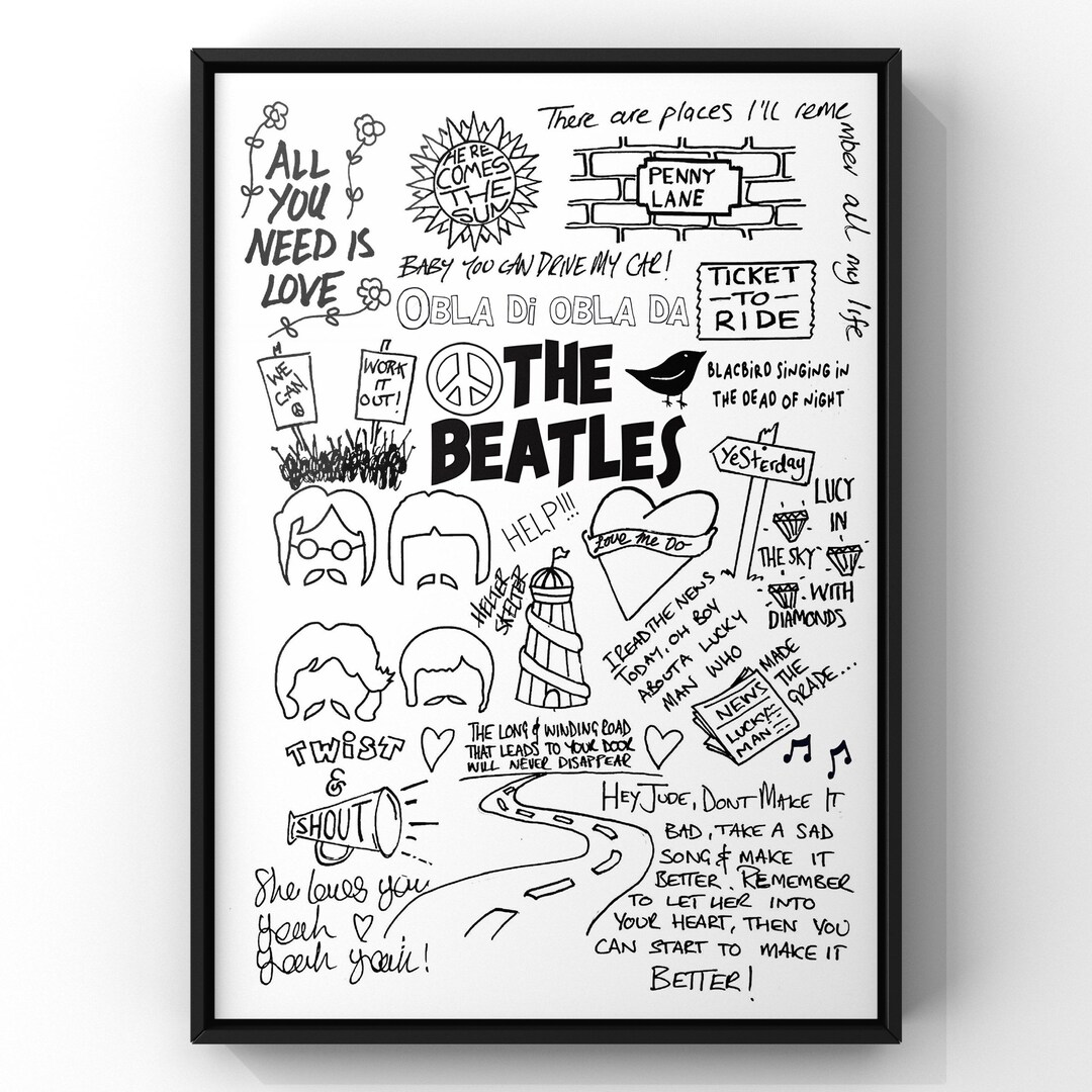 The Beatles Doodle Sketch Wall Art, Music Print Etsy