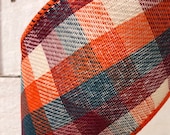 Fall check wired ribbon, 2.5 quot orange burgundy teal cream woven check wired ribbon, fall ribbon, teal orange check ribbon, X914440-33
