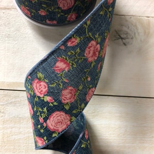 Denim Blue Pink roses wired ribbon, 2.5" floral ribbon, rose ribbon, denim blue and pink ribbon, Flower ribbon, spring ribbon, Q921640-03