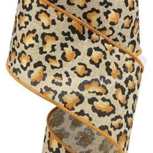 Beige black rust gold animal print ribbon, 2.5&quot; wired ribbon, orange metallic ribbon, cheetah print ribbon, fall ribbon, pumpkin ribbon