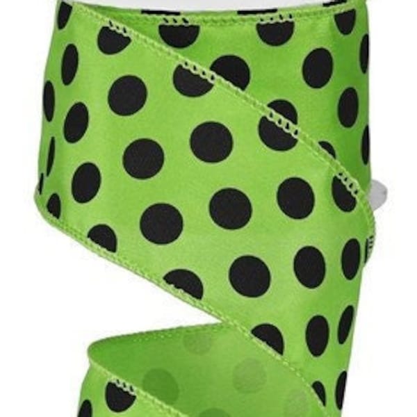 Lime Green White Polka Dot wired Ribbon, Dot ribbon, Halloween Ribbon, St. Patrick's day ribbon, Green black dot ribbon, RG1588AM