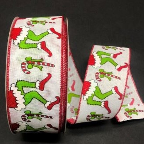 Christmas monster legs candy canes wired ribbon, 2.5" christmas monster leg ribbon, Christmas ribbon, Ribbon by the yard, 871-40-188