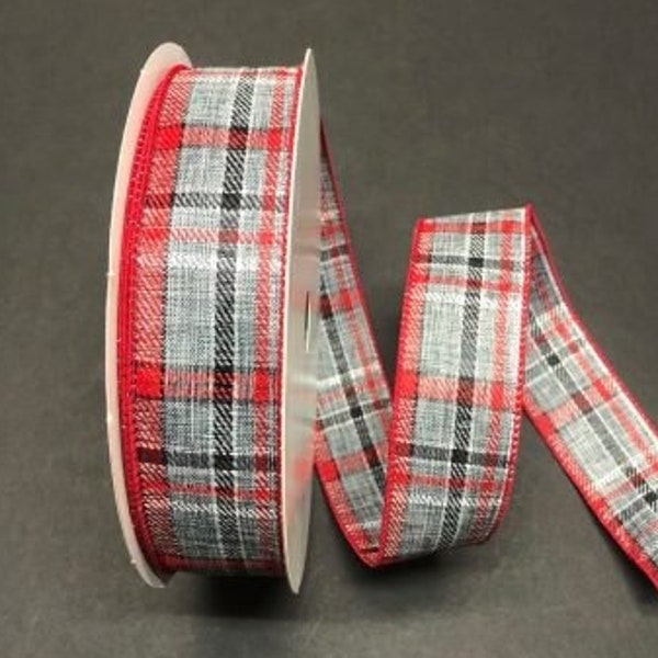 Gray white red black linen weave plaid wired ribbon, 1.5" Christmas plaid ribbon, gray red wired ribbon, Ribbon by the yard, 871-09-195