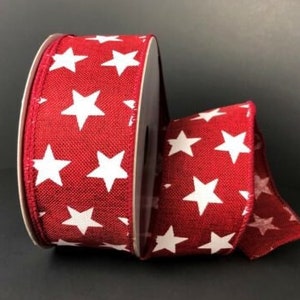 Dark Red White star wired ribbon, 1.5" by 10 yds RWB Stars wired Ribbon, Star ribbon, 4th of July ribbon, patriotic wired ribbon, Q914109-10