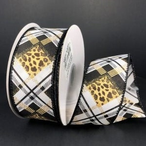 1.5” X 10 YD Wired Black White & Leopard Argyle Plaid Ribbon