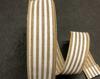 Natural white stripe wired ribbon, natural white stripe ribbon, 1.5" natural Ivory Farmhouse ribbon, ribbon by the yard, Q501809-517