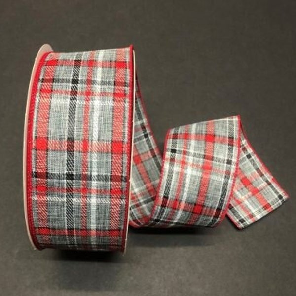 Gray white red black linen weave plaid wired ribbon, 2.5" Christmas plaid ribbon, gray red wired ribbon, Ribbon by the yard, 871-40-195