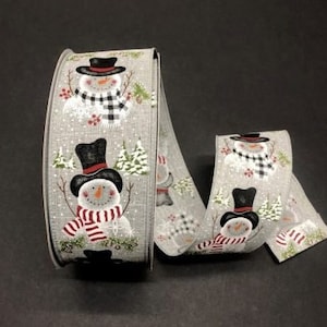 Gray black red green snowman linen wired ribbon, 2.5&quot; Christmas snowman ribbon, gray red wired ribbon, Ribbon by the yard, 871-40-189