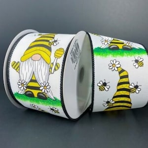 Bumblebee Yellow black gnome wired ribbon, Bees Wired Ribbon, Yellow Black White gnome bee ribbon, Spring Ribbon, bee ribbon, 41235-40-01