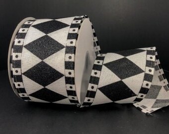 White black Harlequin wired ribbon, 2.5" Halloween Wired Ribbon, White black halloween Harlequin Ribbon, Harlequin Ribbon, 55106-40-01