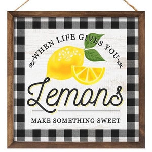 Letrero de corona amarillo, negro y blanco limón, Cuando la vida te da limones, haz algo dulce, Letrero de limón para corona, Letrero de verificación en blanco y negro