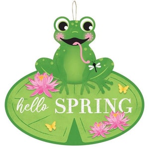 Hello Spring green pink white frog sign, springtime sign, frog sign, spring frog sign, green pink white sign, AP8891