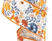Navy Blue Cream Orange Rust Pumpkin ribbon, 2.5 quot fall wired ribbon, pumpkin ribbon, Navy blue fall ribbon, fall ribbon, RGB108130