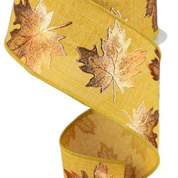 Mustard yellow and copper fall leaves wired ribbon, 2.5" fall ribbon, leaf ribbon, ribbon, Bow ribbon, mustard autumn ribbon, RGC1834F4