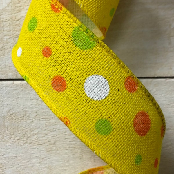 Yellow ribbon with white green orange dots, 1.5" yellow canvas burlap wired ribbon, dot ribbon, polka dot ribbon, ribbon by the yard