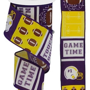 Purple Gold brown Game Time Touch Down wired ribbon,  Football wired ribbon, Sports ribbon, Touchdown ribbon, LSU Tiger ribbon, RGC115CN
