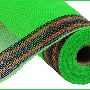 Lime Green with Purple Orange and Black deco mesh roll, deco mesh rolls, Halloween deco mesh, 10.5&quot; Border Stripe Metallic Mesh, RY850476