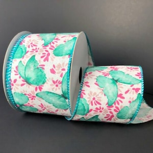 Teal pink butterfly ribbon, spring time ribbon, summer wired ribbon, 2.5&quot; butterfly ribbon, wired ribbon, butterfly ribbon, 41023-40-33