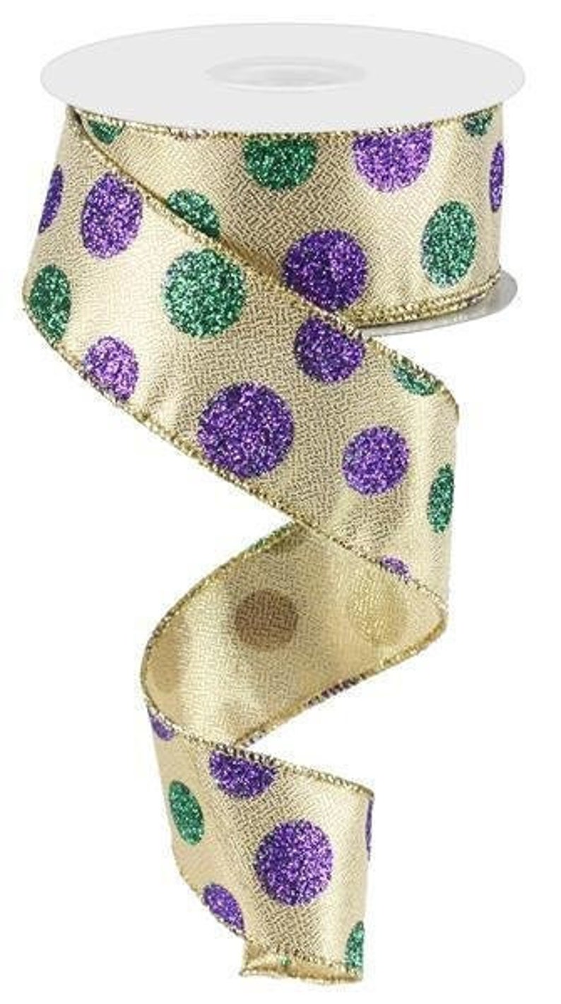 Mardi Gras Glitter Dots Ribbon 1.5 In by 10yds Wired Ribbon Etsy