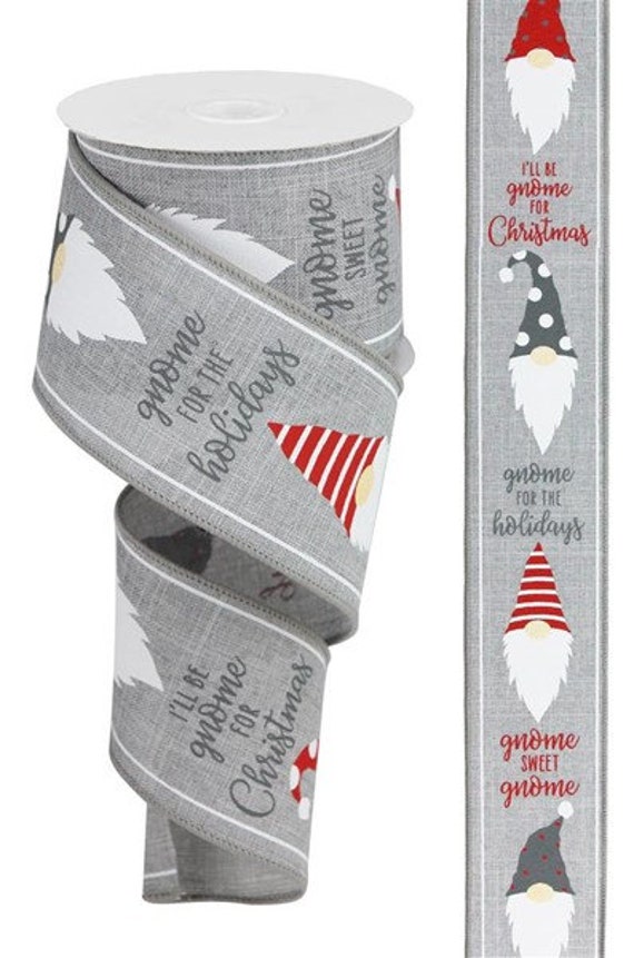 2.5 WIRED White Gnome Ribbon DIY Projects Wreath Making Supply Bow Making Ribbon and Gold Ho Ho Ho Gnomes On Royal Ribbon Green Red