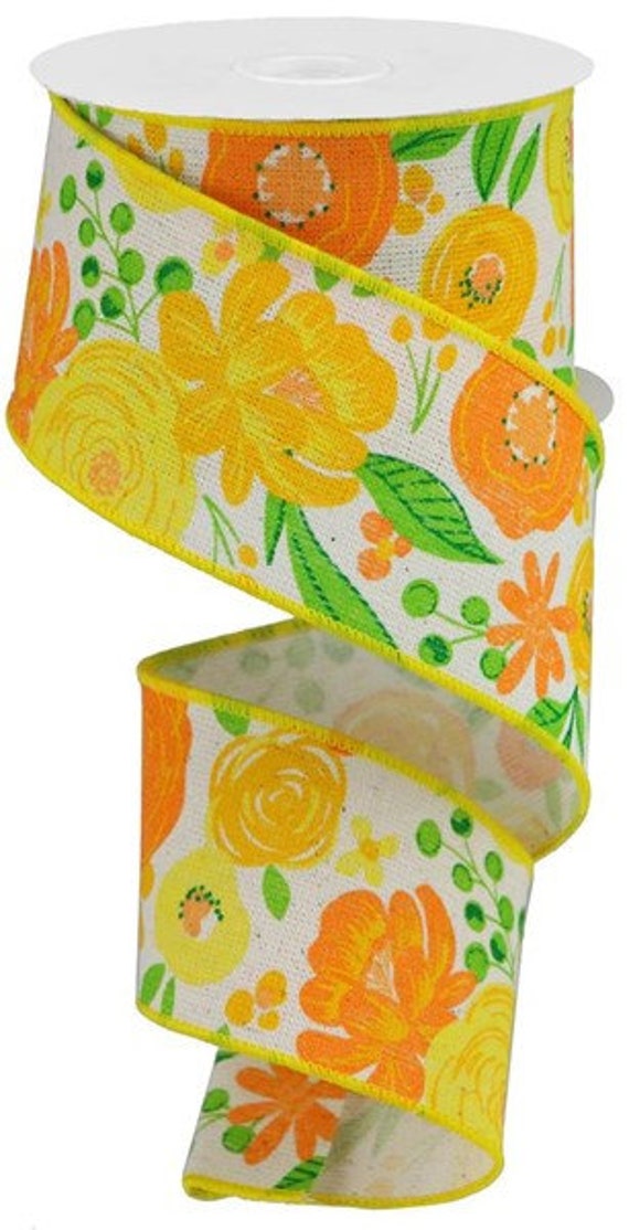 Floral Ribbon, Floral Blooms Ribbon, Spring Ribbon, Flower Wired Ribbon,  2.5 Ribbon, Ivory Yellow Orange Green Wired Ribbon, RGA1685J8 