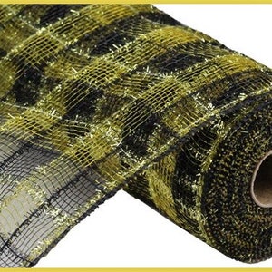 Black Gold tinsel faux jute check mesh, 10&quot; black gold tinsel mesh, Saints mesh, sports mesh, black gold mesh, gold black mesh, RY8412F8