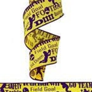 Yellow Purple Football Print Wired Ribbon, 1.5 Inch by 10 yd College Ribbon, Defense Football ribbon, LSU inspired ribbon