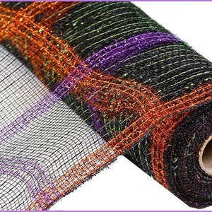 Halloween black orange purple lime tinsel foil check mesh, 21 inch halloween mesh, 21 inch deco mesh rolls, Halloween mesh, RY940576