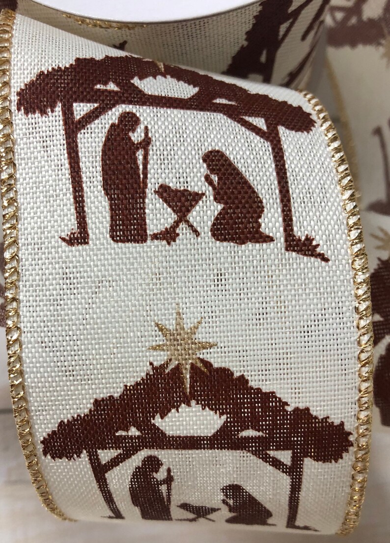 Ivory brown Christmas Nativity scene wired ribbon 2.5 inch Etsy