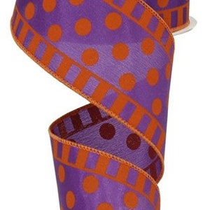 Purple Orange Dots Stripes wired Ribbon, Clemson sports ribbon, Clemson ribbon, College ribbon, Sports Ribbon, Halloween ribbon, RG01460CY