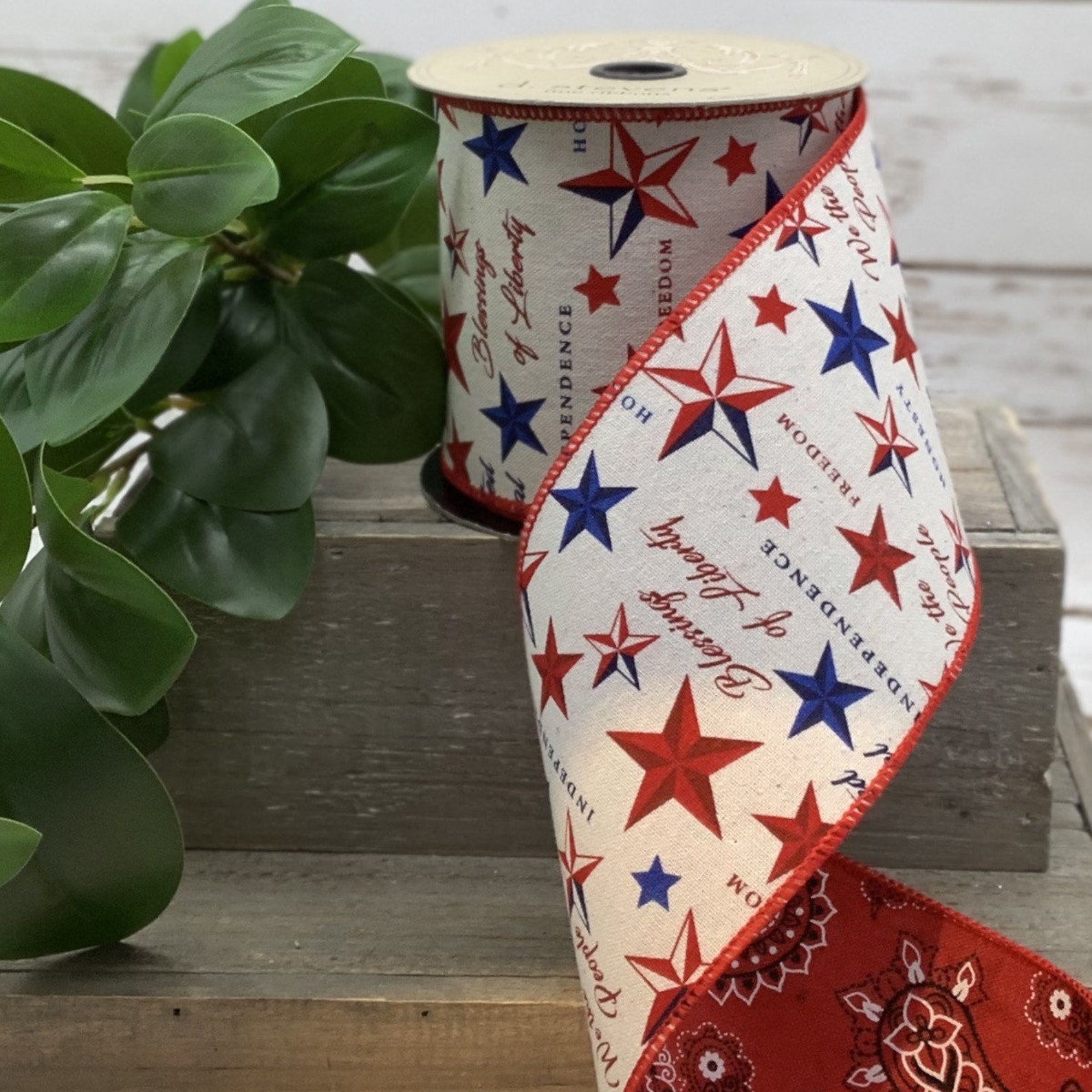 Patriotic 4 Inch Wired Ribbon, Double Sided Ribbon, Cream Red Blue ...