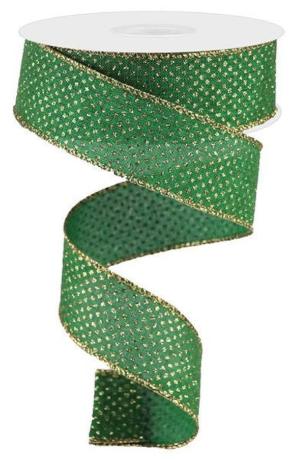 Emerald Green Light Gold Glitter Micro dot wired ribbon, Christmas ribbon,  mardi gras ribbon, 1.5 dot emerald green gold ribbon, RGA1731MF