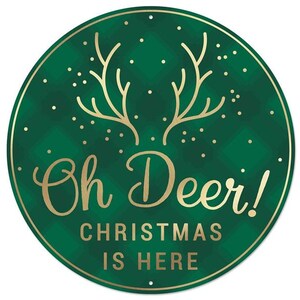 Oh Deer Christmas is here Emerald green metallic gold metal wreath sign, deer sign, Christmas wreath enhancement, round metal wreath sign image 2