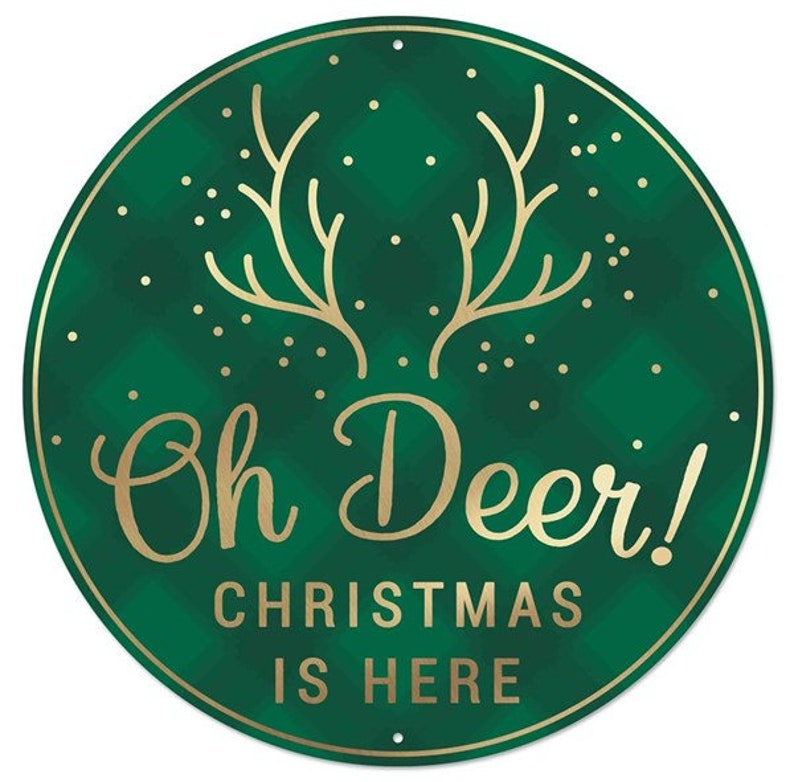 Oh Deer Christmas is here Emerald green metallic gold metal wreath sign, deer sign, Christmas wreath enhancement, round metal wreath sign image 2