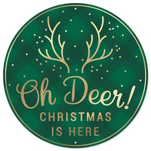 Oh Deer Christmas is here Emerald green metallic gold metal wreath sign, deer sign, Christmas wreath enhancement, round metal wreath sign image 1