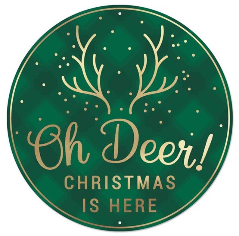 Oh Deer Christmas is here Emerald green metallic gold metal wreath sign, deer sign, Christmas wreath enhancement, round metal wreath sign image 1