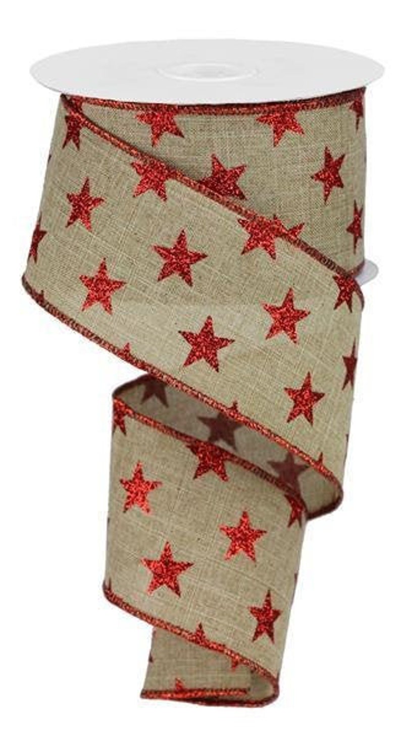 Glittered Red Stars on Natural Ribbon, Wired Ribbon, Natural With Red ...